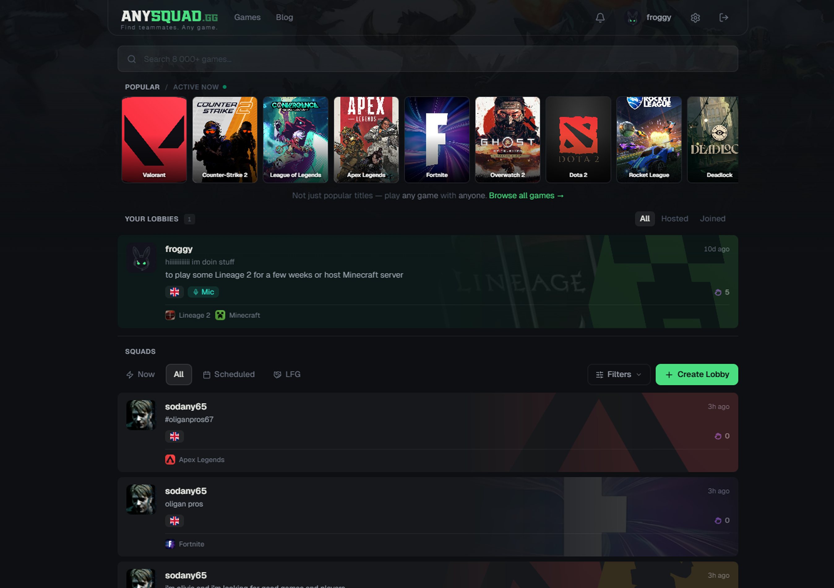 AnySquad — browse lobbies for any game