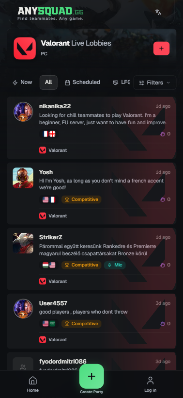 AnySquad mobile — open game lobby