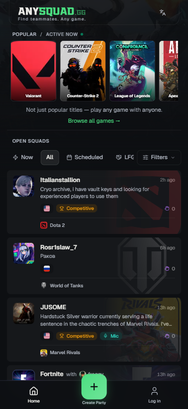 AnySquad mobile — browse lobbies